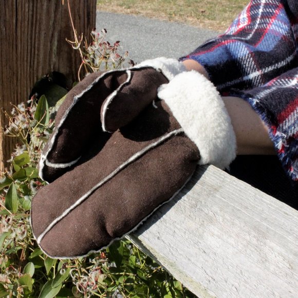 New Sheepskin Shearling Suede Mittens Gloves Tan Brown Black Womens One Size - Picture 8 of 16